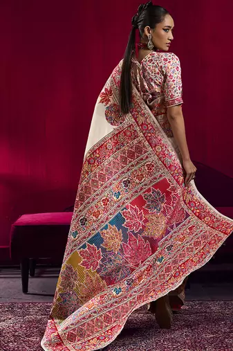 White handloom weaving pashnima silk blend saree