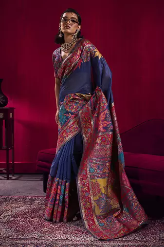Navy blue handloom weaving pashnima silk blend saree