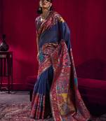 Navy blue handloom weaving pashnima silk blend saree