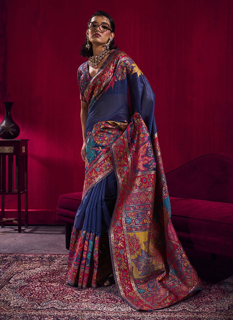 Navy blue handloom weaving pashnima silk blend saree