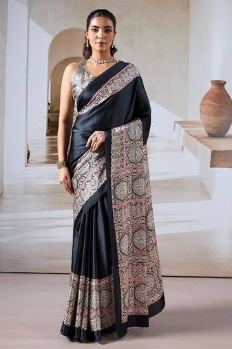 Black ajrakh print modal satin saree