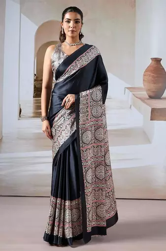 Black ajrakh print modal satin saree