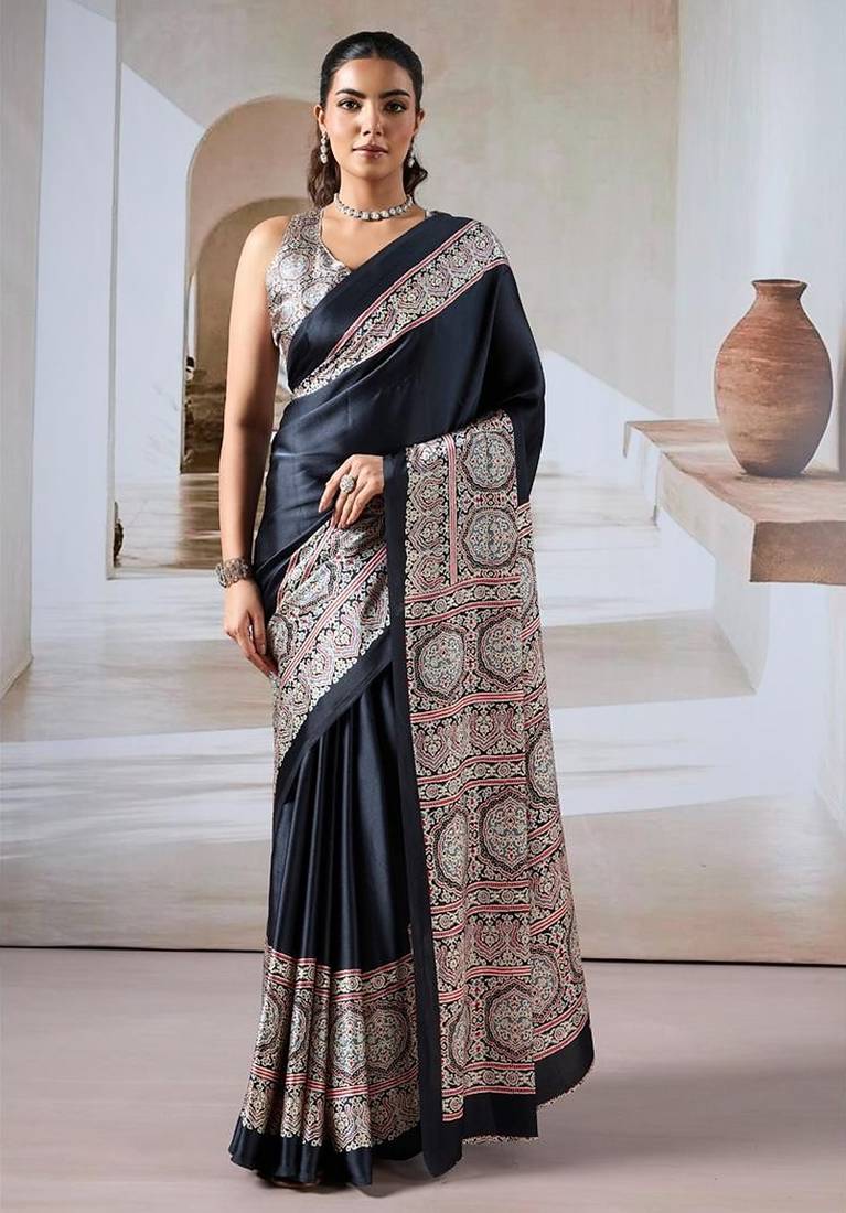 Black ajrakh print modal satin saree