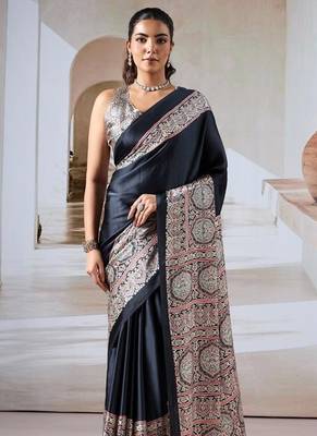 Black ajrakh print modal satin saree 2