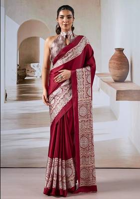 Maroon ajrakh print modal satin saree 1
