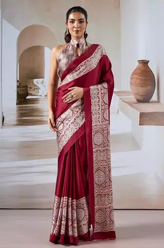 Maroon ajrakh print modal satin saree