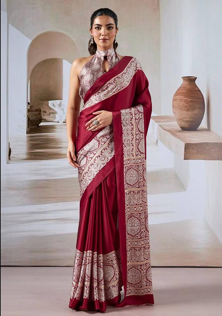 Maroon ajrakh print modal satin saree