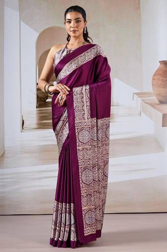 Wine ajrakh print modal satin saree