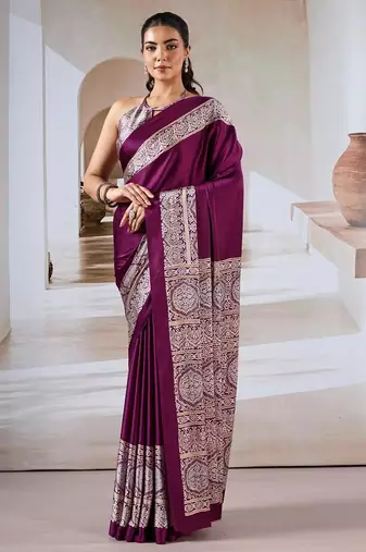 Wine ajrakh print modal satin saree
