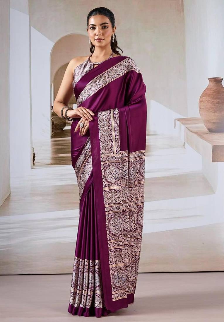 Wine ajrakh print modal satin saree