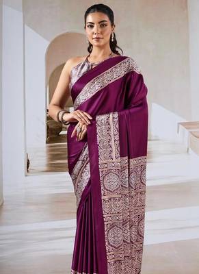 Wine ajrakh print modal satin saree 2