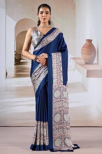Navy blue ajrakh print modal satin saree
