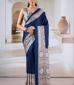 Navy blue ajrakh print modal satin saree