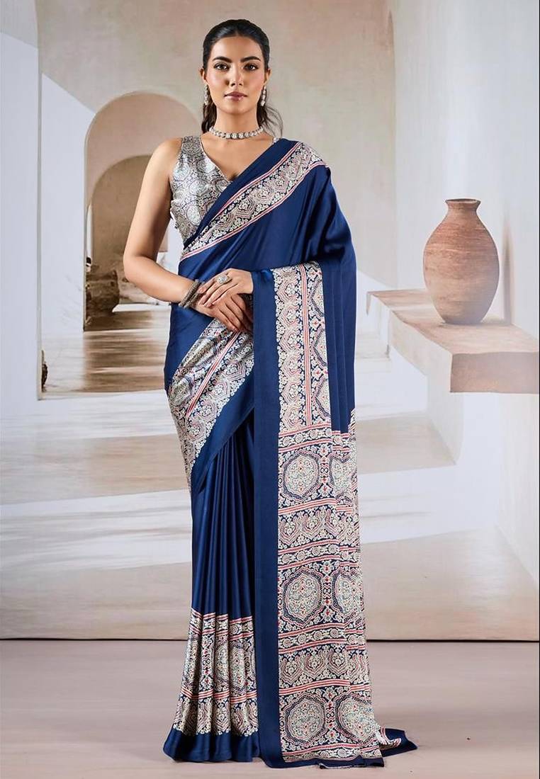 Navy blue ajrakh print modal satin saree