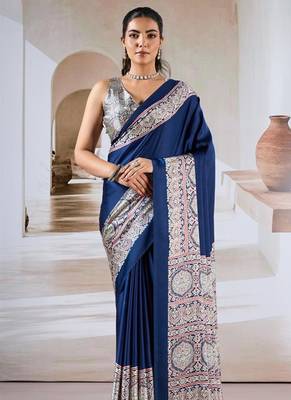 Navy blue ajrakh print modal satin saree 2
