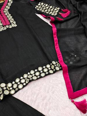 Black vichitra silk readymade suit with thread embroidery  5