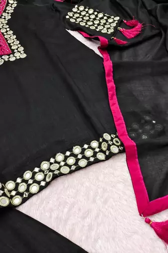 Black vichitra silk readymade suit with thread embroidery 