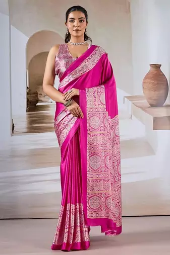 Hot pink ajrakh print modal satin saree