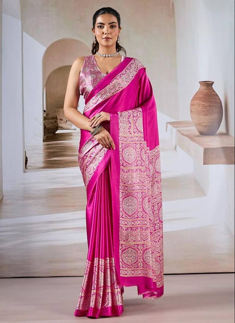 Hot pink ajrakh print modal satin saree