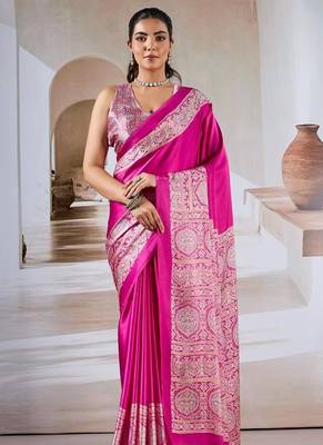 Hot pink ajrakh print modal satin saree 2