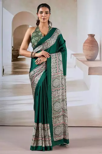 Dark green ajrakh print modal satin saree