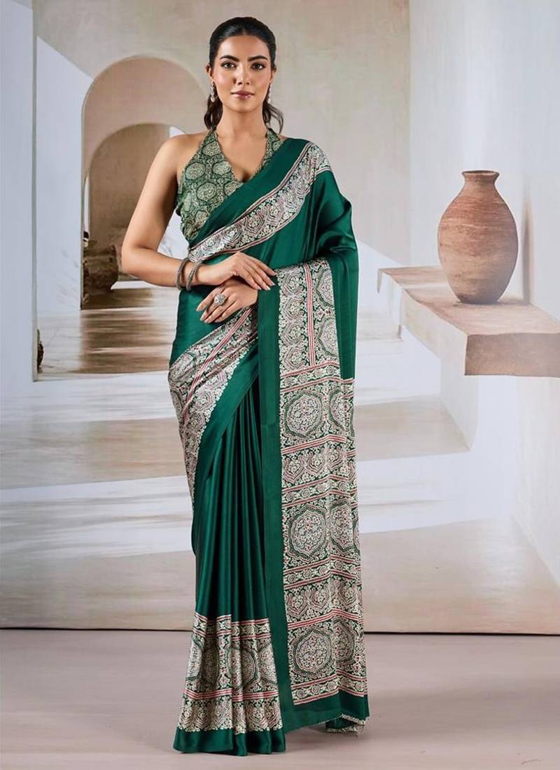 Dark green ajrakh print modal satin saree
