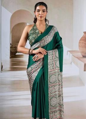 Dark green ajrakh print modal satin saree 2