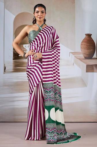 Magenta & white printed modal satin saree