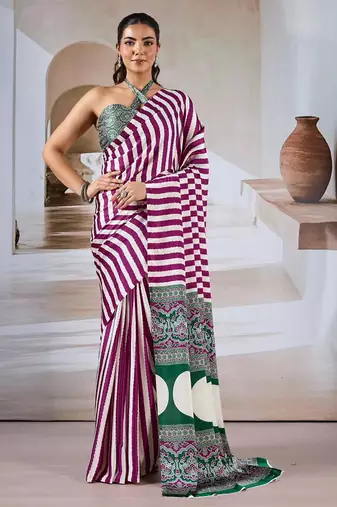 Magenta & white printed modal satin saree