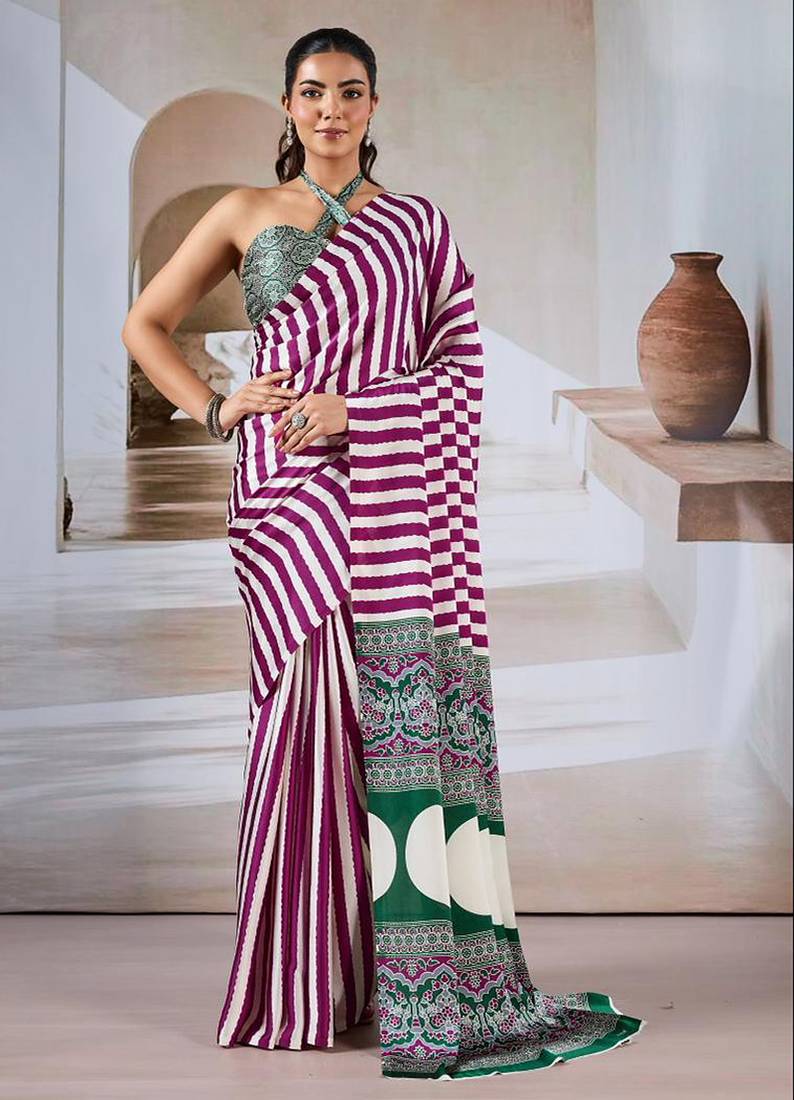 Magenta & white printed modal satin saree