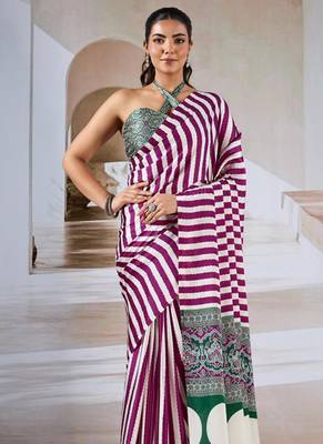 Magenta & white printed modal satin saree 2