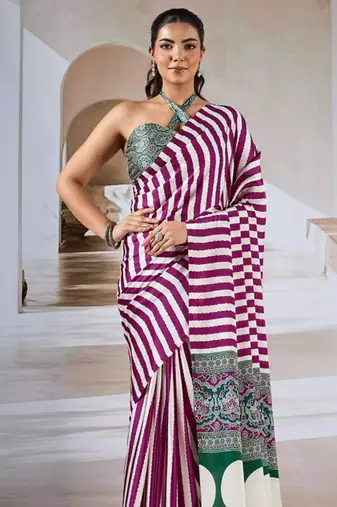Magenta & white printed modal satin saree