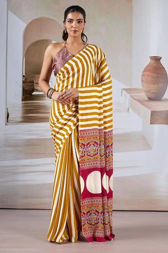 Mustard & white printed modal satin saree