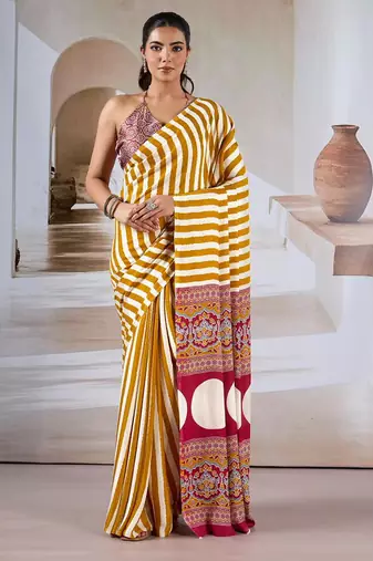 Mustard & white printed modal satin saree