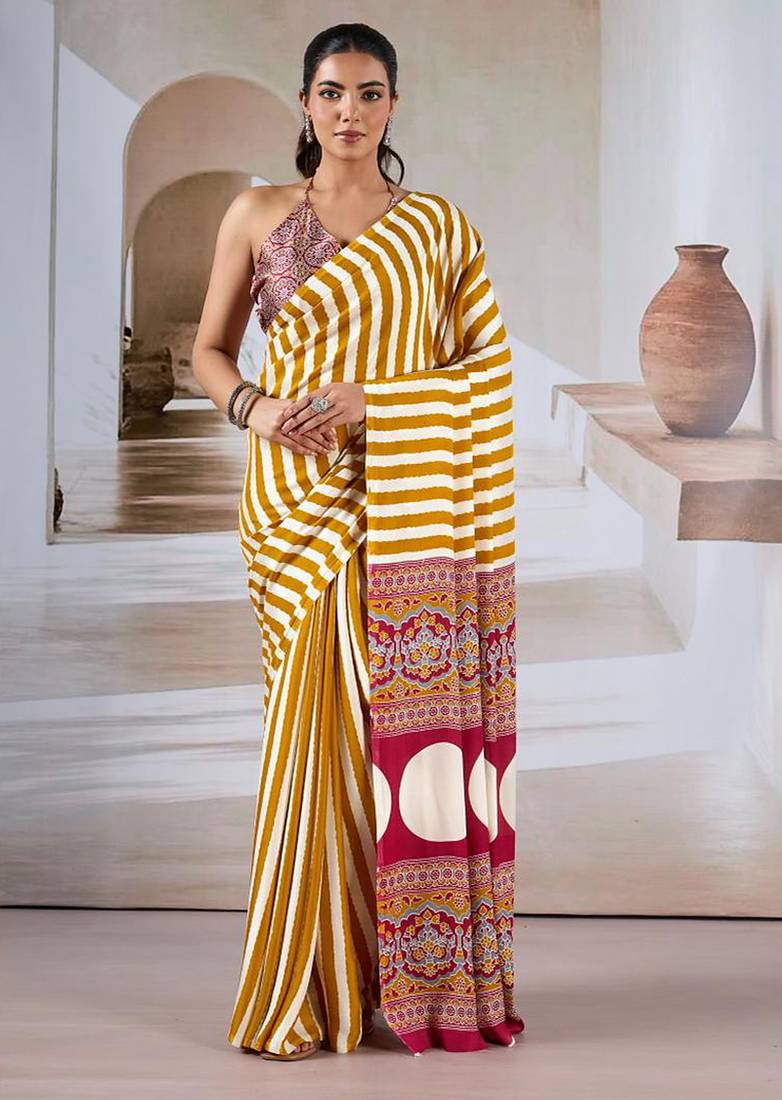 Mustard & white printed modal satin saree