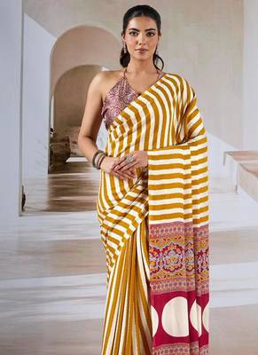 Mustard & white printed modal satin saree 2