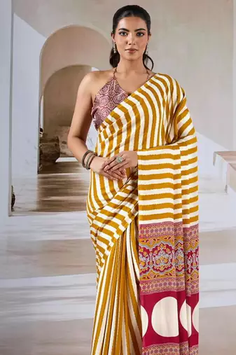 Mustard & white printed modal satin saree