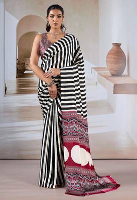 Black & white printed modal satin saree 1