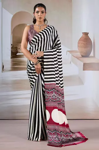 Black & white printed modal satin saree