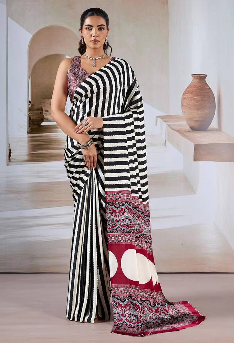 Black & white printed modal satin saree