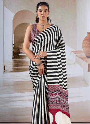Black & white printed modal satin saree 2