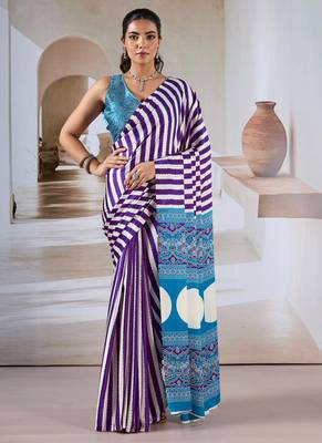 Purple & white printed modal satin saree 1