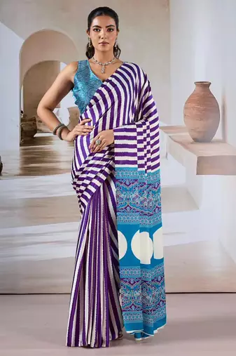 Purple & white printed modal satin saree