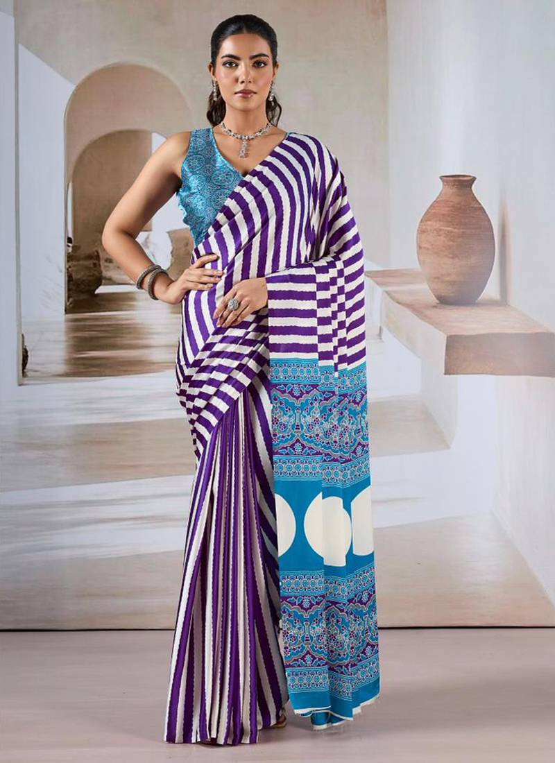 Purple & white printed modal satin saree
