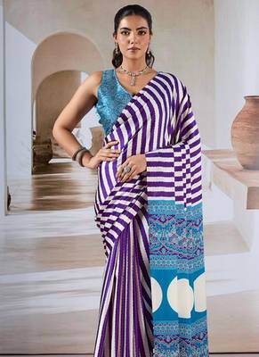 Purple & white printed modal satin saree 2