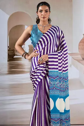 Purple & white printed modal satin saree