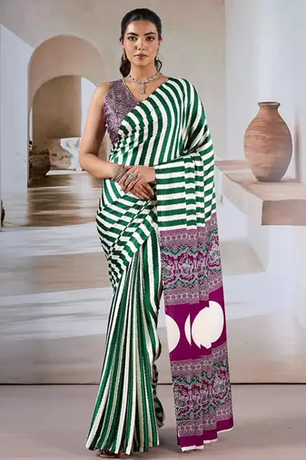 Green & white printed modal satin saree