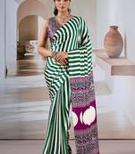 Green & white printed modal satin saree