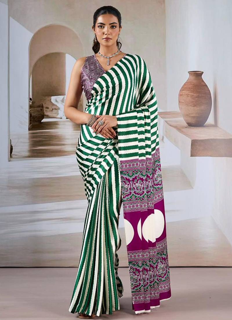 Green & white printed modal satin saree