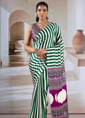 Green & white printed modal satin saree 2